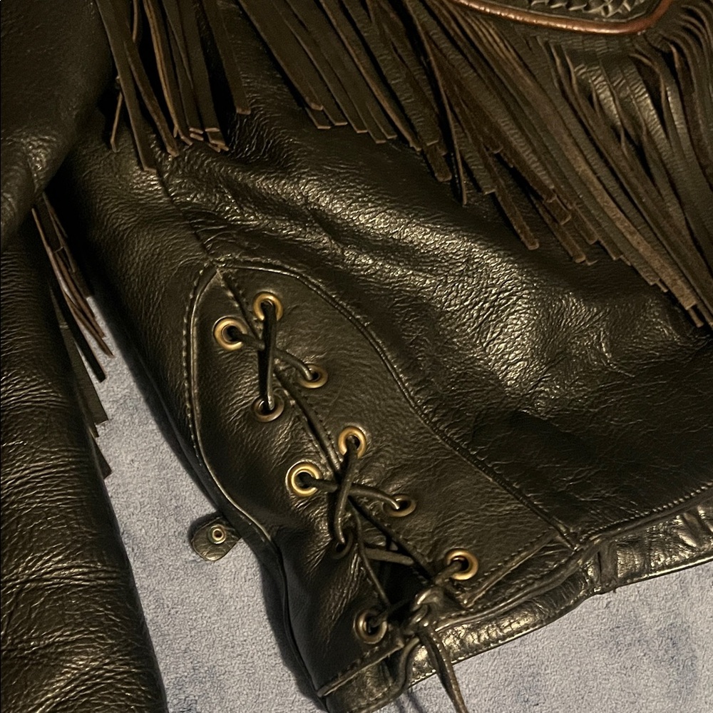 Vintage Unik Black Leather Jacket with Fringe, Beads & Braiding - Picture 7 of 16